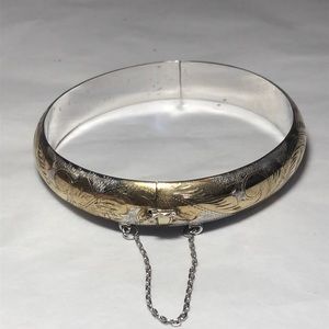 Sterling and Gold Hinged Floral Bangle Bracelet
